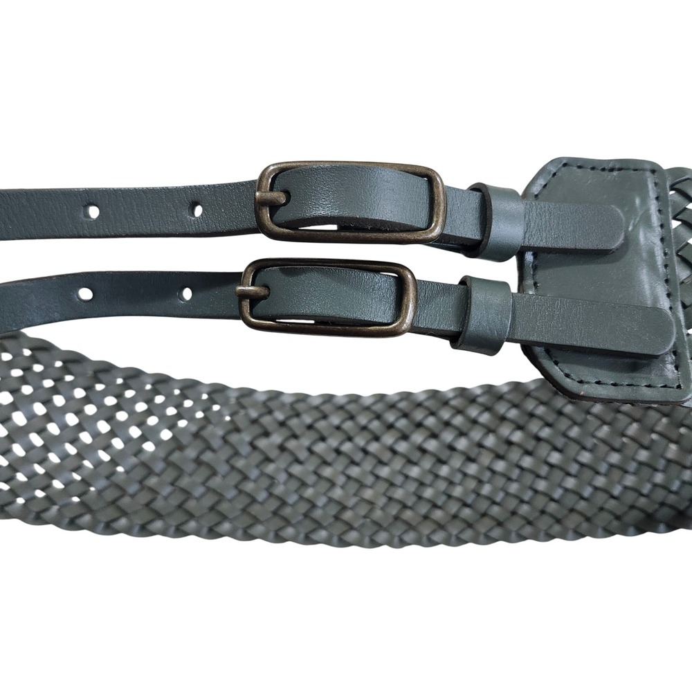 Talbots Woven Leather Belt Women Size M Green Double Buckle Wide Braided Waist